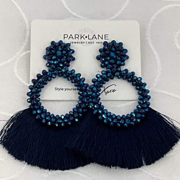 Park Lane Navy Blue Beaded Hoop Earrings With Fringe Tassels - Picture 1 of 3